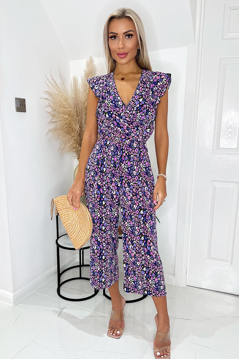 Purple Animal Print V Neck Belted Jumpsuit