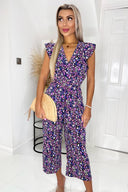 Purple Animal Print V Neck Belted Jumpsuit