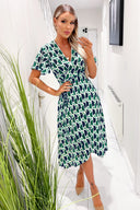 Green and Navy Printed Wrap Top Midi Dress