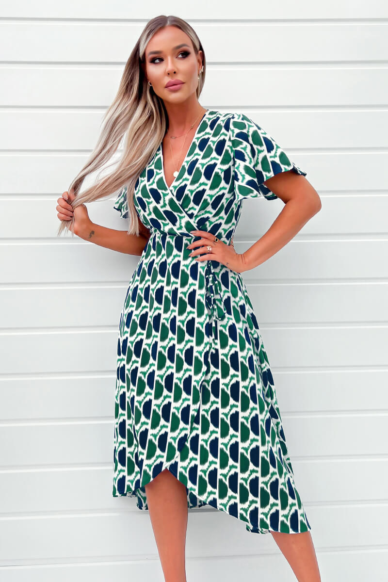 Green and Navy Printed Wrap Top Midi Dress