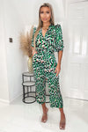 Green and Pink Printed V Neck Belted Jumpsuit