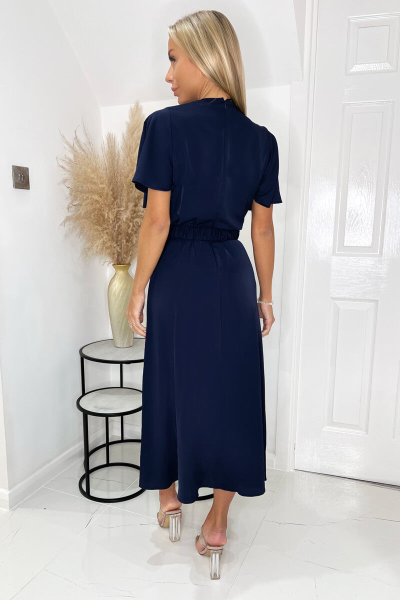 Navy Short Sleeve Belted Wrap Midi Dress