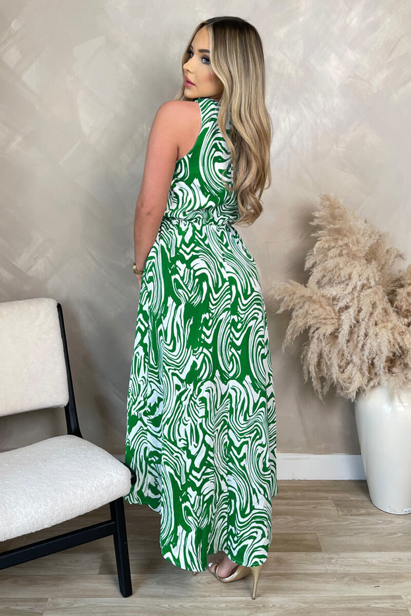 Green Printed Round Neck Sleeveless Wrap Skirt Midi Dress