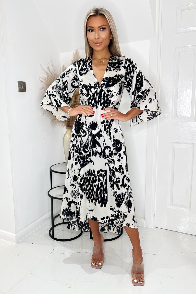 Black And Cream Printed V Neck Bell Sleeve Midi Dress