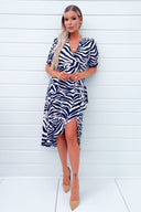 Navy and Cream Zebra Printed Wrap Skirt Midi Dress