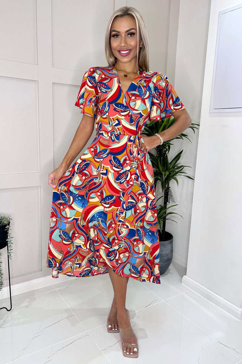 Multi Printed Butterfly Sleeve Wrap Midi Dress