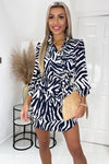 Navy And Cream Zebra Printed 3/4 Sleeve Mini Wrap Dress