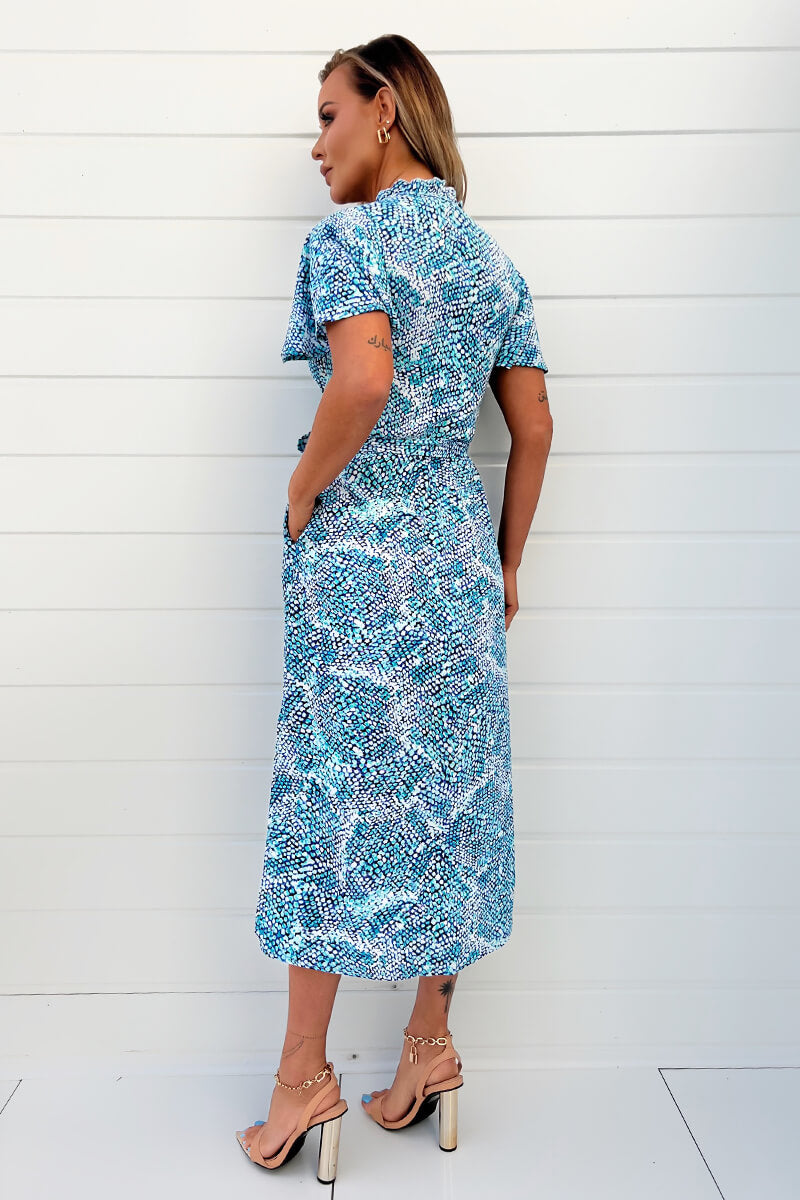 Blue Printed Short Sleeve Belted Button Up Shirt Dress