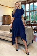 Navy High Neck Puff Sleeve Zig Zag Hem Pleated Midi Dress