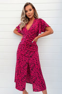 Pink And Black Printed Split Skirt Midi Dress