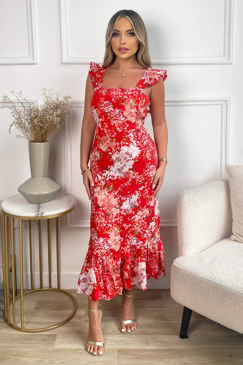 Red Floral Printed Frill Strap Midi Dress AX Paris