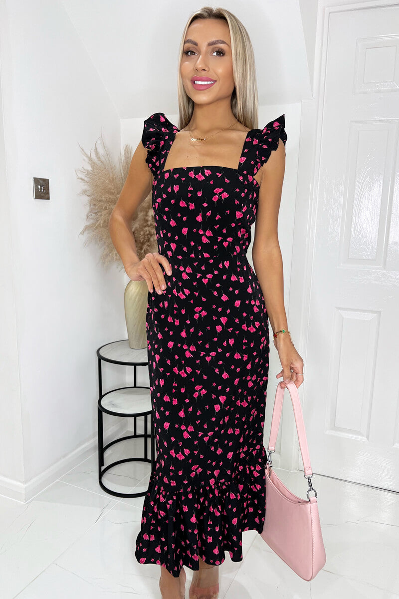 Black And Pink Floral Printed Frill Strap Midi Dress AX Paris