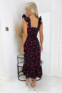 Black And Pink Floral Printed Frill Strap Midi Dress