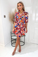 Multi Printed 3/4 Cuffed Sleeve Wrap Tie Mini Dress