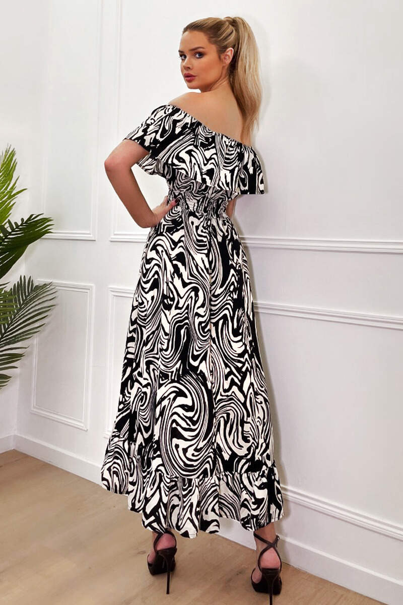 Black And White Printed Bardot Style Midi Dress