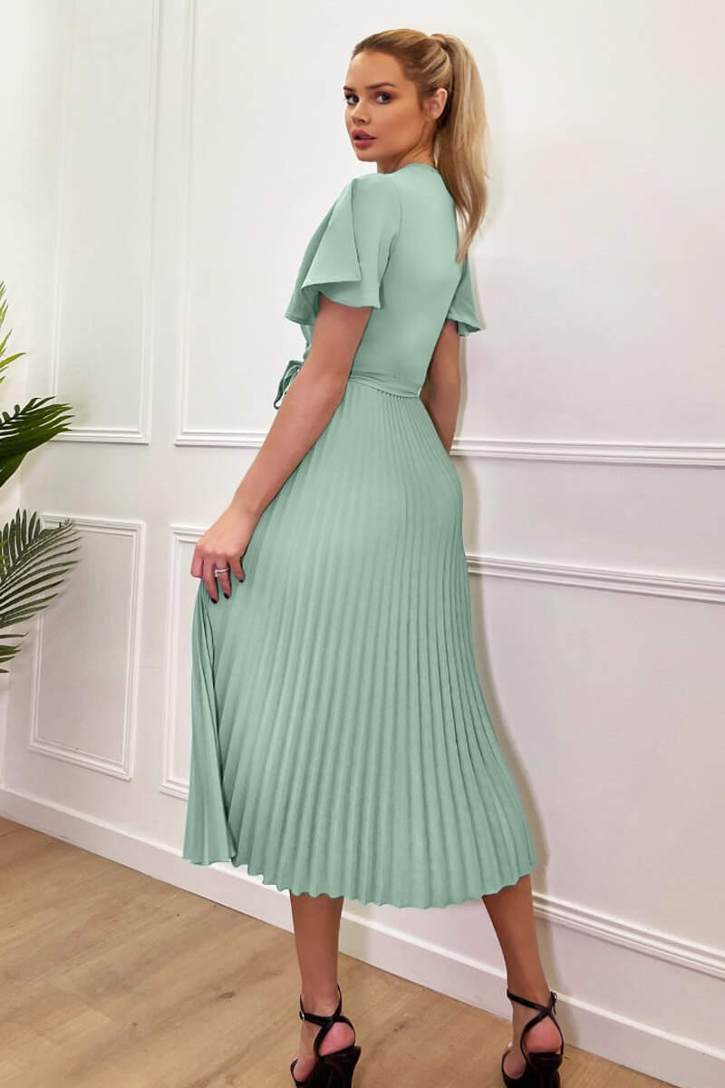 Duck Egg Pleated Midi Dress with Tie Waist