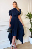 Navy High Neck Puff Sleeve Zig Zag Hem Pleated Midi Dress