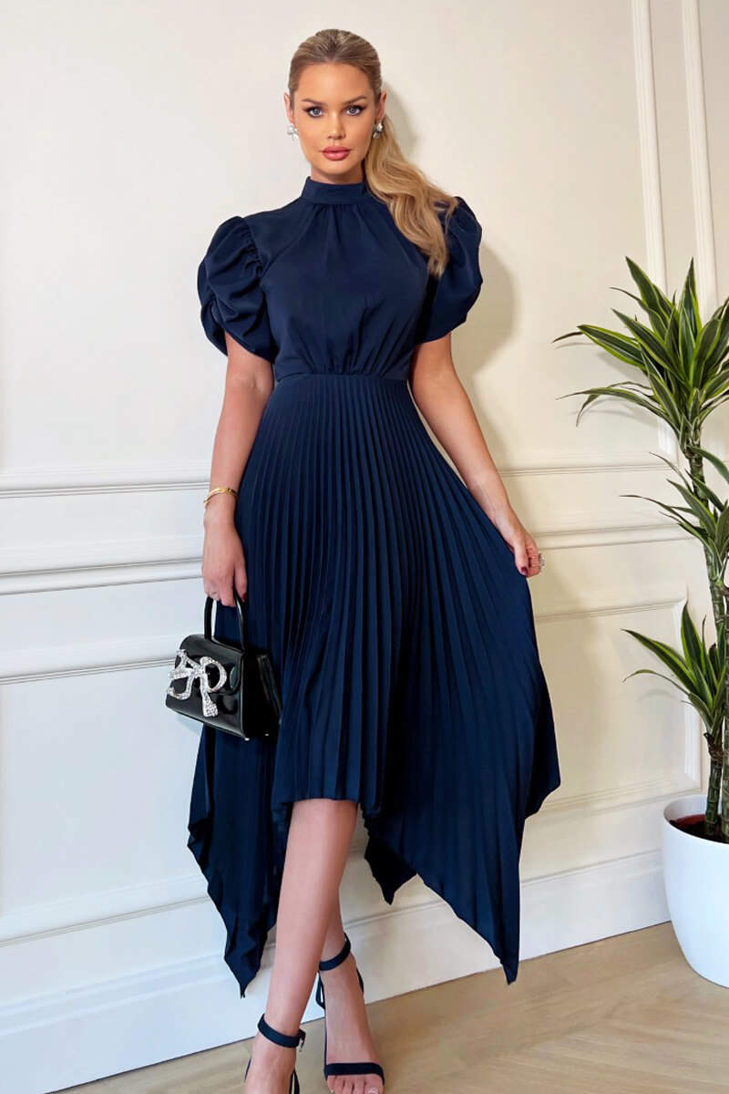 Navy High Neck Puff Sleeve Zig Zag Hem Pleated Midi Dress AX Paris