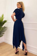 Navy High Neck Puff Sleeve Zig Zag Hem Pleated Midi Dress