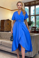 Blue Short Sleeve Belted Wrap Midi Dress