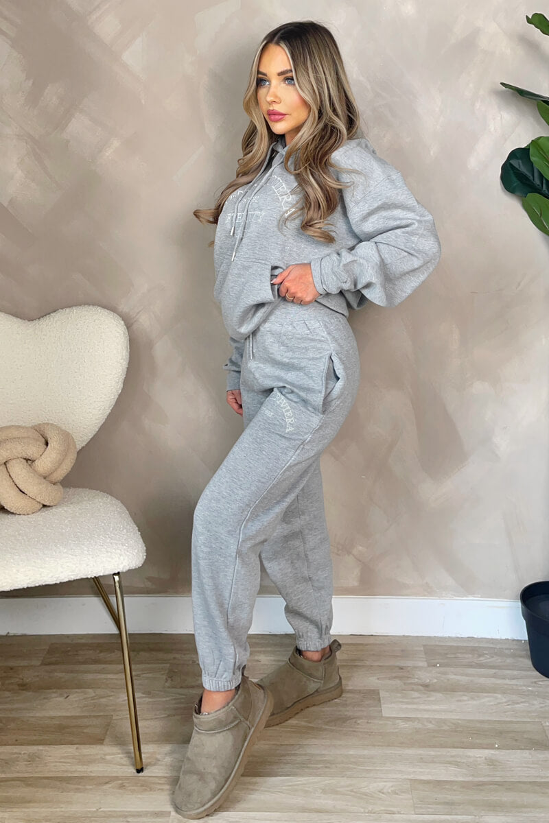 Grey French Riviera Embroidered Slogan Hoodie Lounge Set