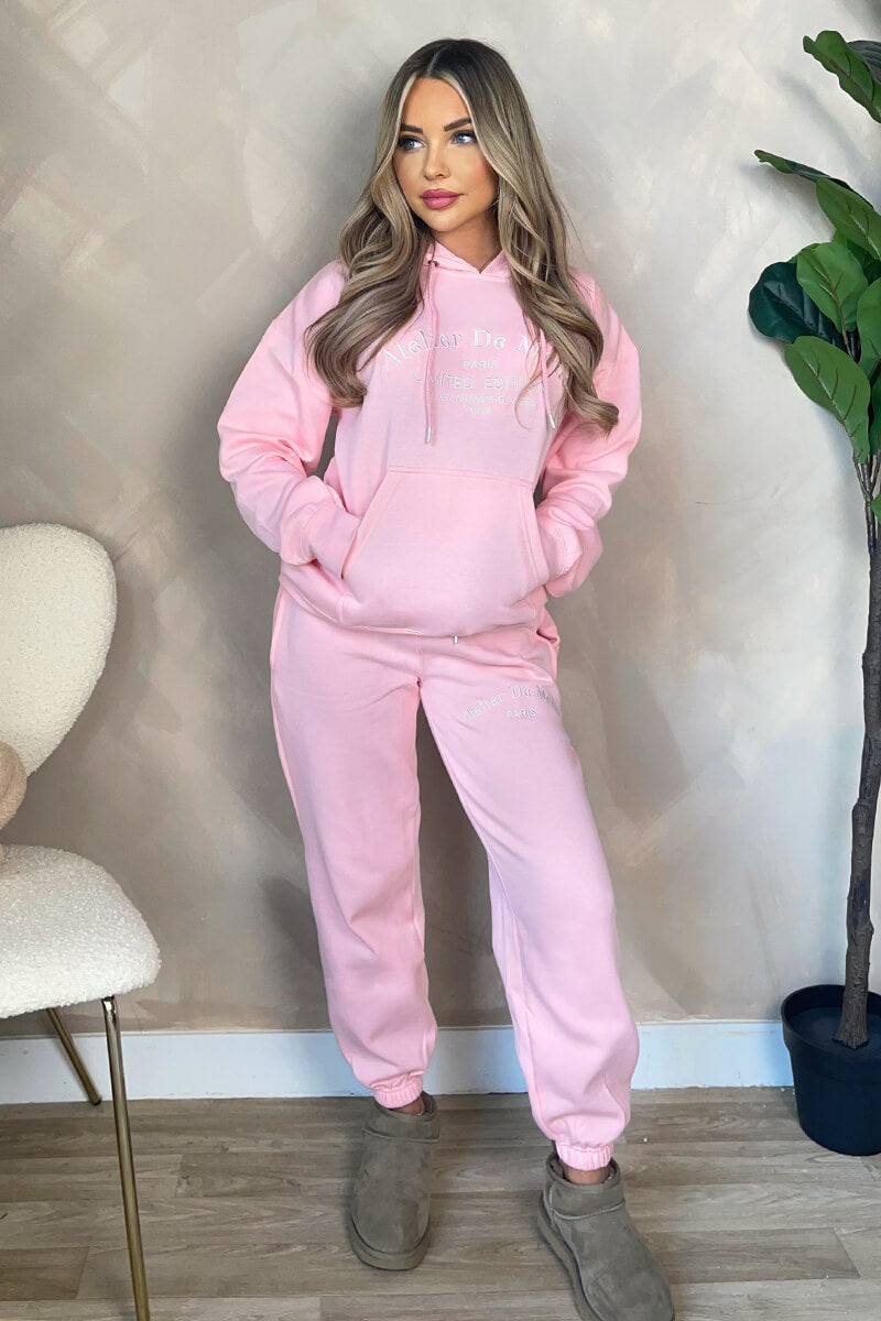 Pink Atelier Embroidered Slogan Hoodie Lounge Set