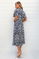 Navy And Cream Printed Bell Sleeve Midi Dress