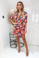 Multi Printed 3/4 Cuffed Sleeve Wrap Tie Mini Dress