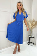 Blue Pleated Midi Dress with Tie Waist