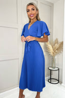 Blue Pleated Midi Dress with Tie Waist