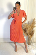 Peach Pleated Midi Dress with Tie Waist