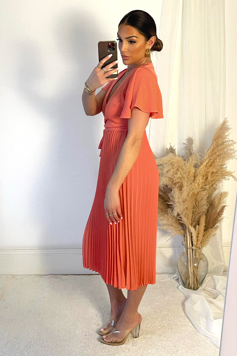 Peach Pleated Midi Dress with Tie Waist