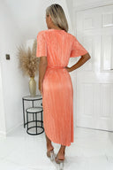 Peach Wrap Top Belted Short Sleeve Plisse Midi Dress