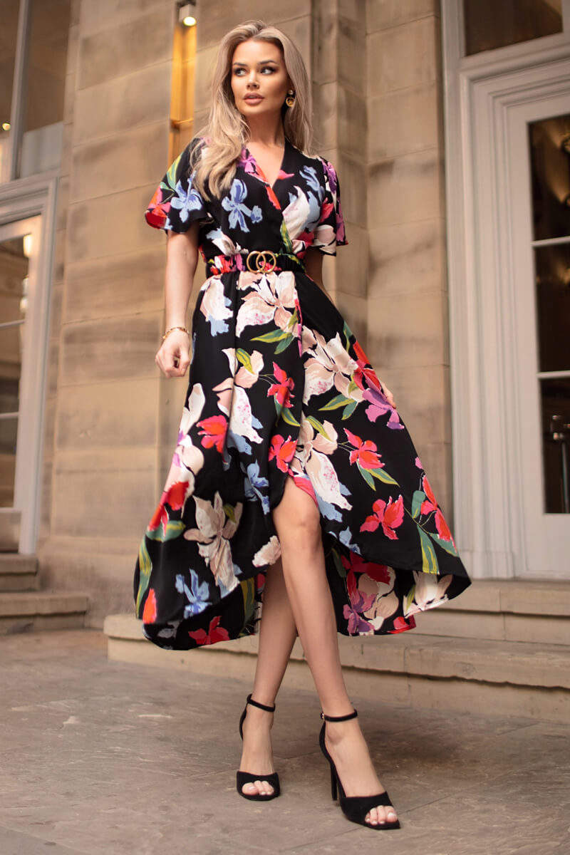 Multi Floral Printed Short Sleeve Belted Wrap Midi Dress