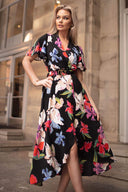 Multi Floral Printed Short Sleeve Belted Wrap Midi Dress