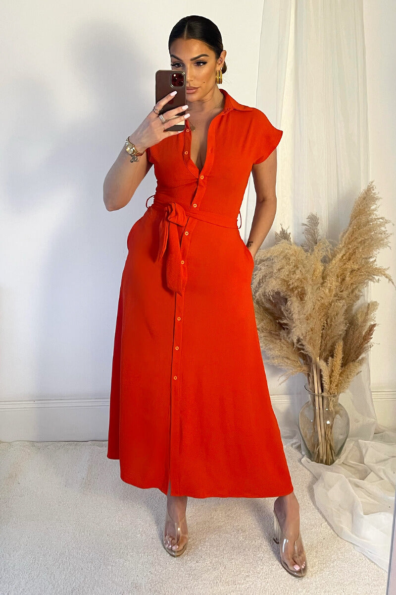 Burnt Orange Tie Waist Button Up Midi Dress