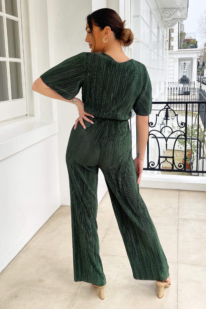 Khaki Wrap Top Plisse Jumpsuit