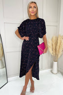 Navy And Pink Printed Wrap Skirt Midi Dress