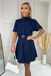 Navy Short Sleeve High Neck Belted Skater Dress