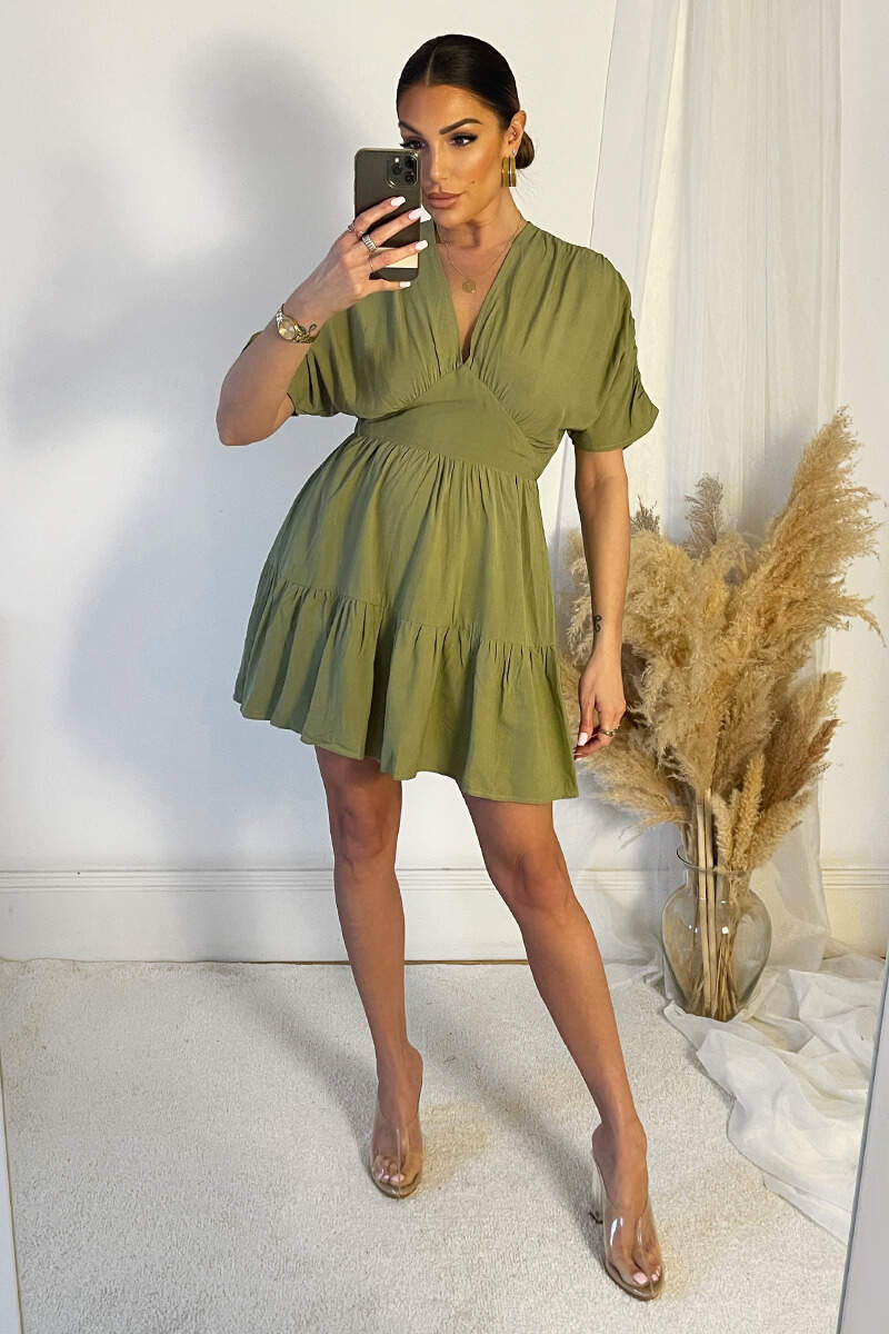 Khaki Short Sleeve Tie Back V Neck Mini Dress