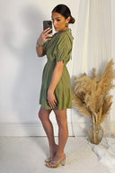 Khaki Short Sleeve Tie Back V Neck Mini Dress