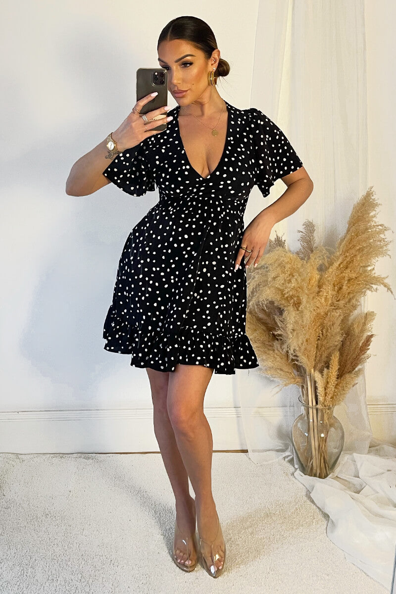 Black And White Polka Dot Print Wrap Top Frill Hem Dress