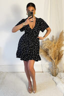 Black And White Polka Dot Print Wrap Top Frill Hem Dress