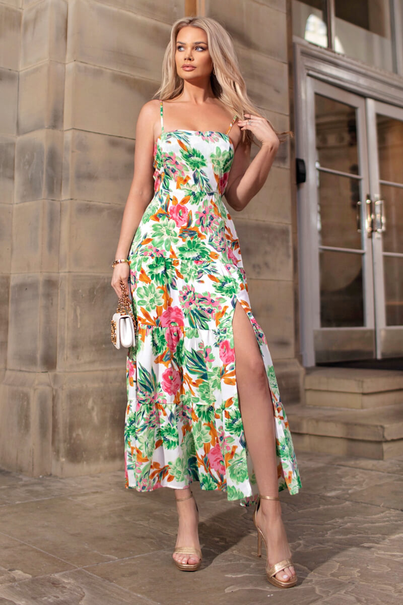 Green Floral Print Strappy Smock Midi Dress