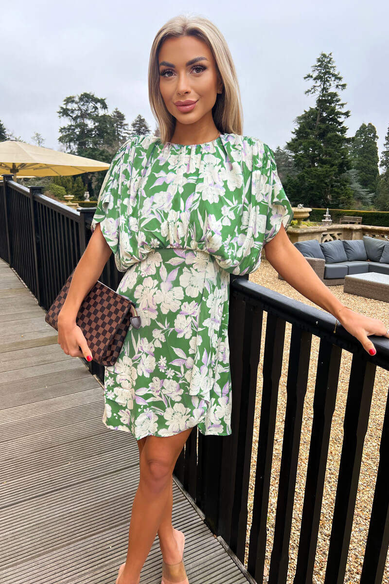 Green floral short dress best sale