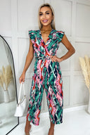 Multi Printed Wrap Front Frill Sleeve Belted Jumpsuit