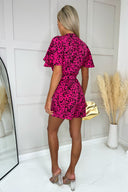 Pink And Black Printed Butterfly Sleeve Wrap Over Belted Playsuit