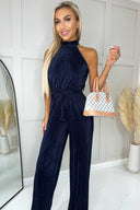 Navy Halter Neck Plisse Jumpsuit