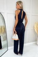 Navy Halter Neck Plisse Jumpsuit