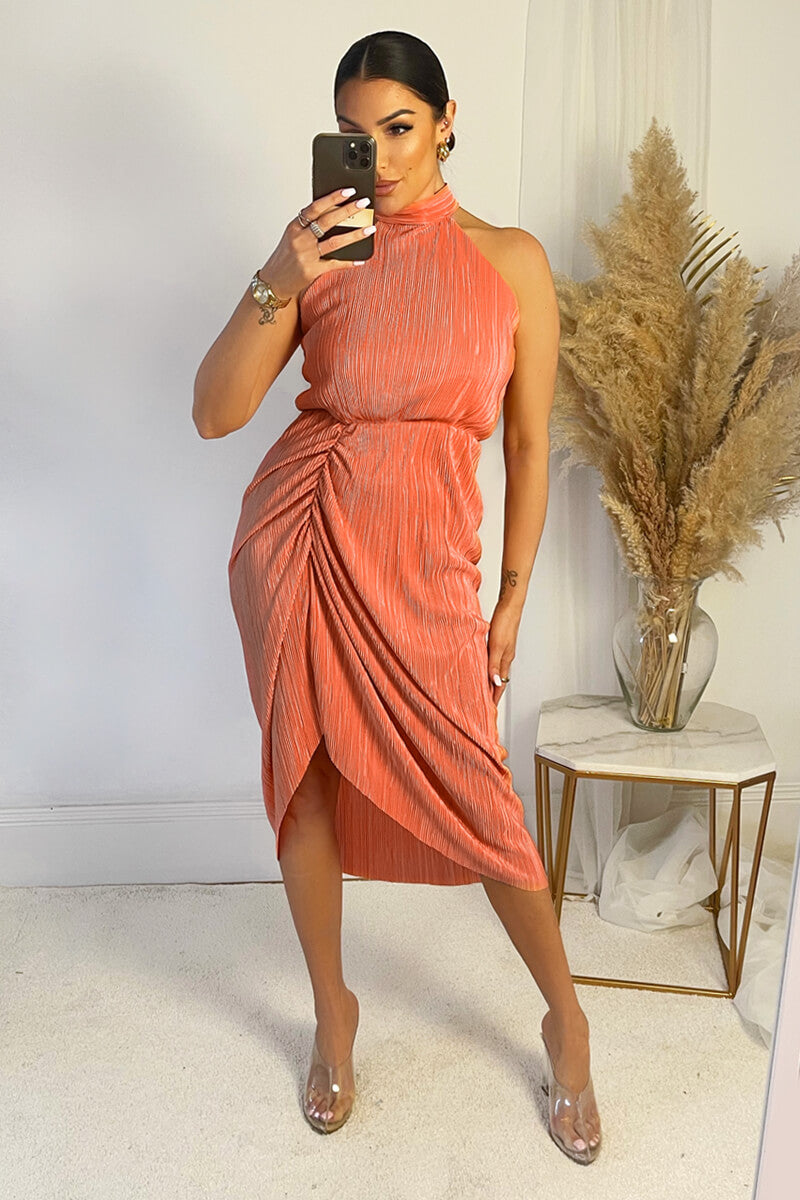 Peach Halter Neck Plisse Gathered Midi Dress